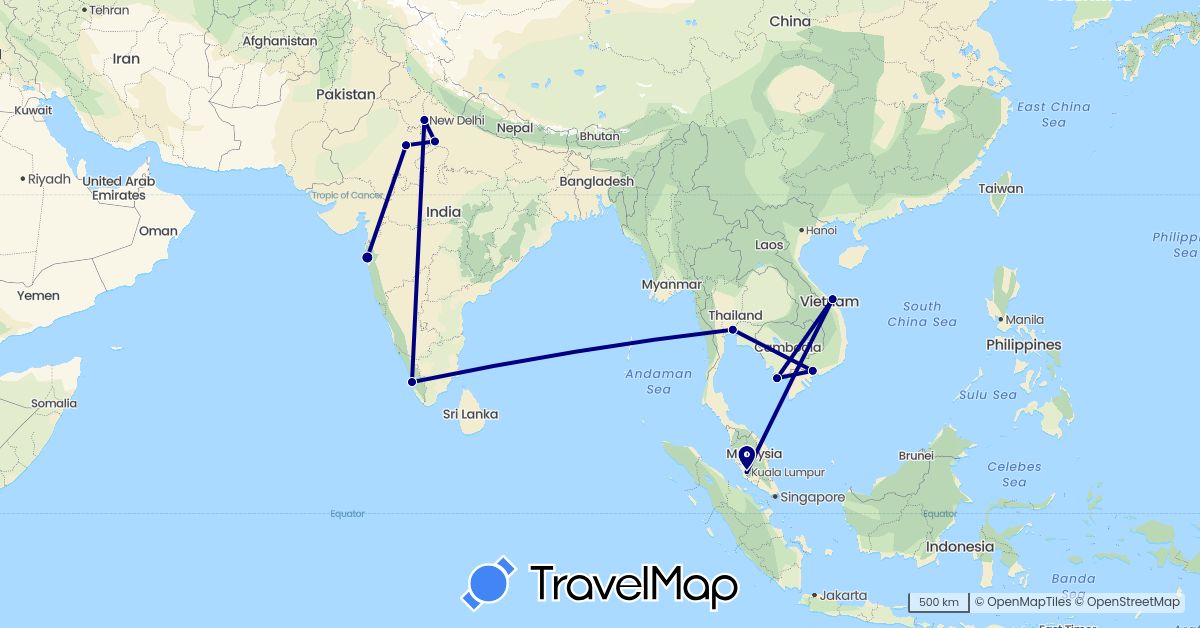 TravelMap itinerary: driving in India, Malaysia, Thailand, Vietnam (Asia)